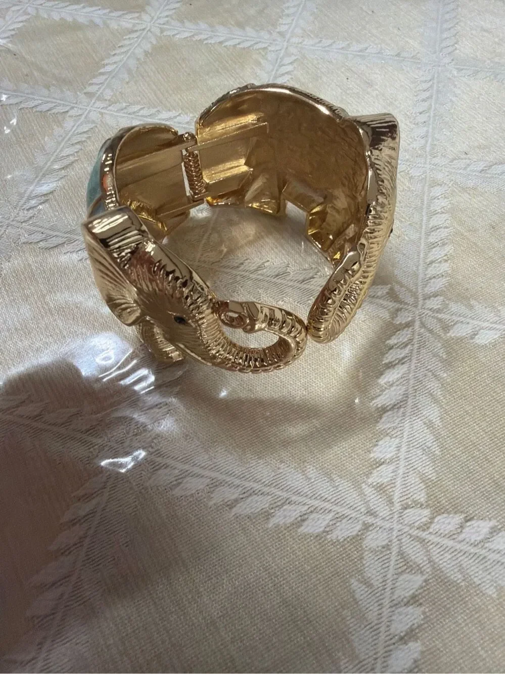 Gold Tone Textured Elephant Hinged Cuff Bracelet | Mint Green Enamel Trunk-Up St